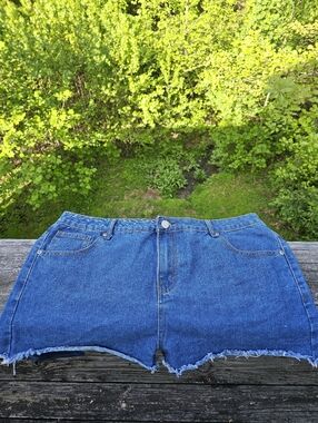 Boohoo Blue Denim Cutoff Shorts Size 16 High Rise Frayed Hem